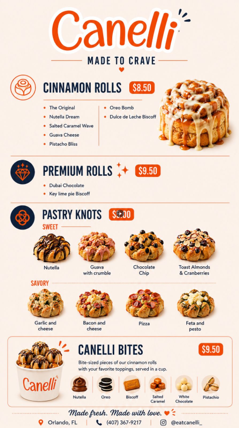 Canelli full menu — cinnamon rolls $8.50, premium rolls $9.50, pastry knots $8.00 (sweet & savory), and Canelli bites $9.50